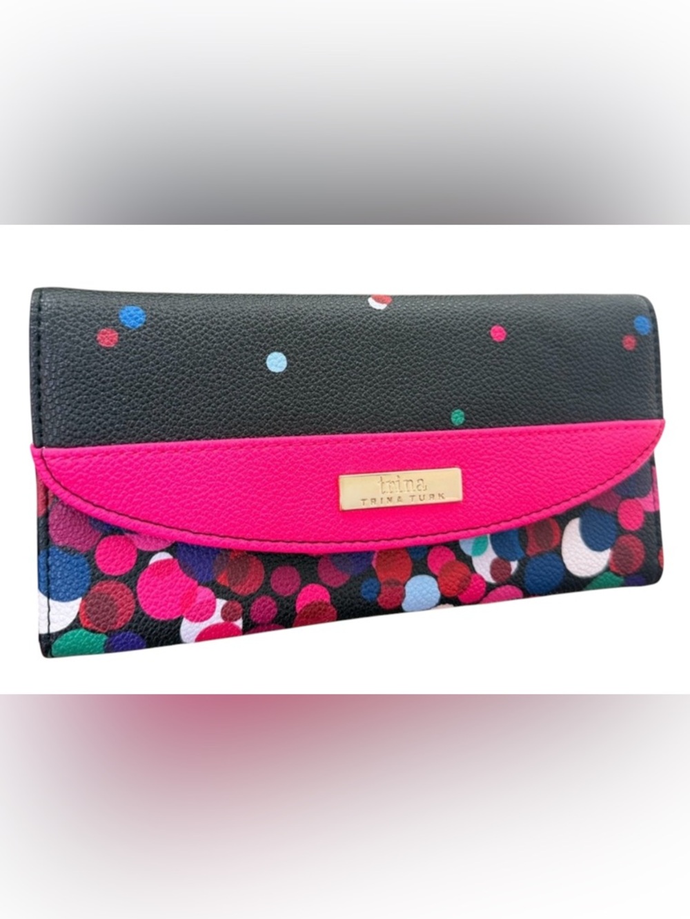 Trina Turk Black Multicolor Polka Dot Clutch with Hot Pink Trim